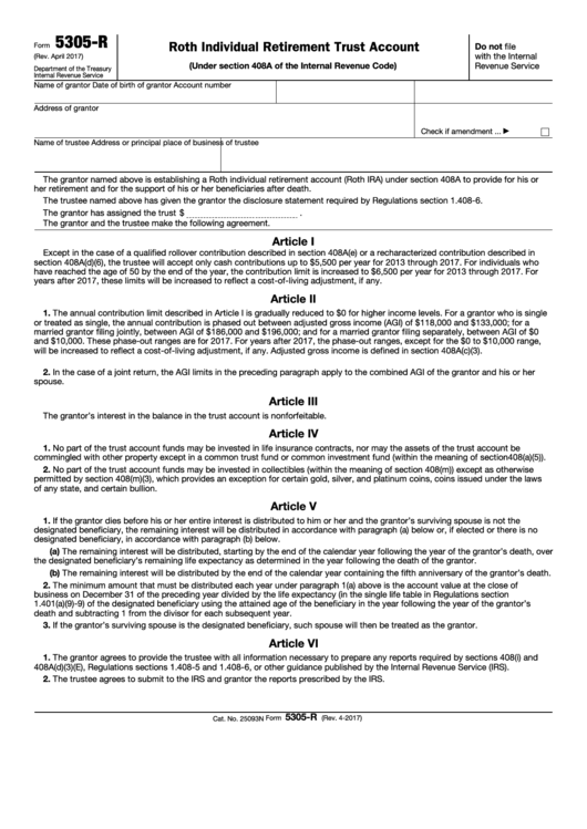 Fillable Form 5305-R - Roth Individual Retirement Trust Account Printable pdf