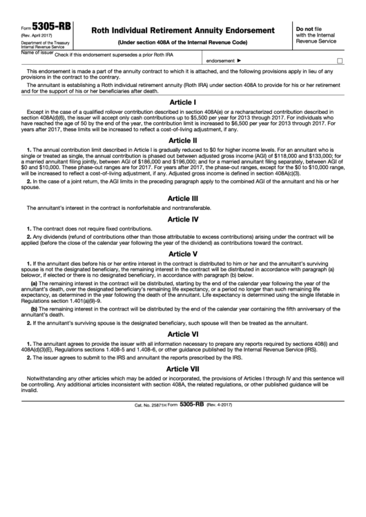 Fillable Form 5305-Rb - Roth Individual Retirement Annuity Endorsement Printable pdf