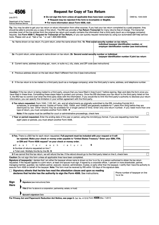 Fillable Form 4506 - Request For Copy Of Tax Return Printable pdf