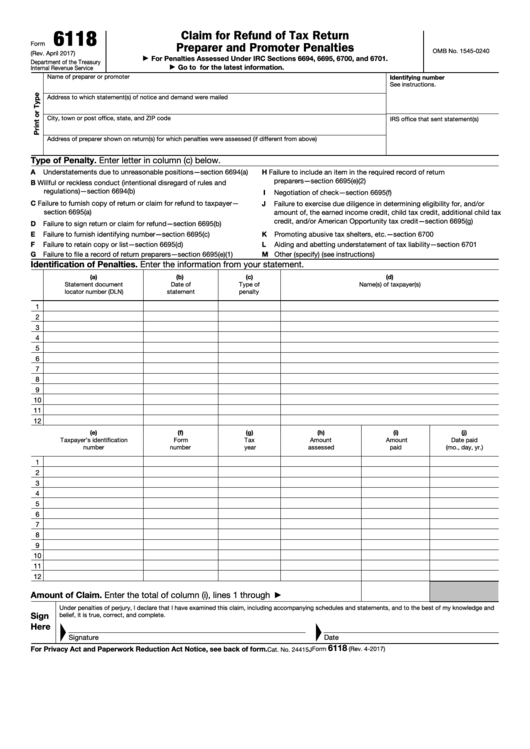 Fillable Form 6118 - Claim For Refund Of Income Tax Return Preparer And Promoter Penalties Printable pdf