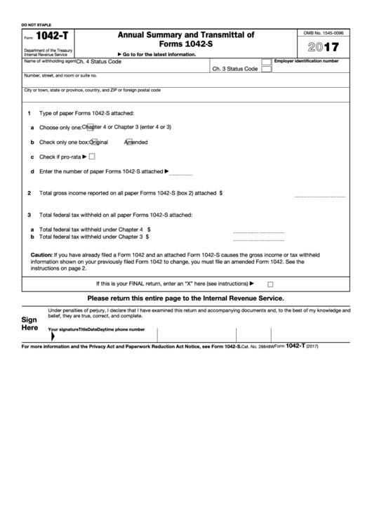 Fillable Form 1042-T - Annual Summary And Transmittal Of Forms 1042-S - 2017 Printable pdf