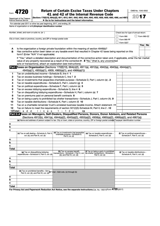 Fillable Form 4720 - Return Of Certain Excise Taxes Under Chapters 41 And 42 Of The Internal Revenue Code - 2017 Printable pdf
