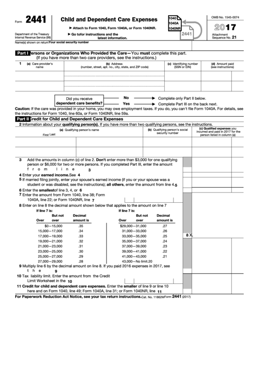 Form 2441 - Child And Dependent Care Expenses - 2017