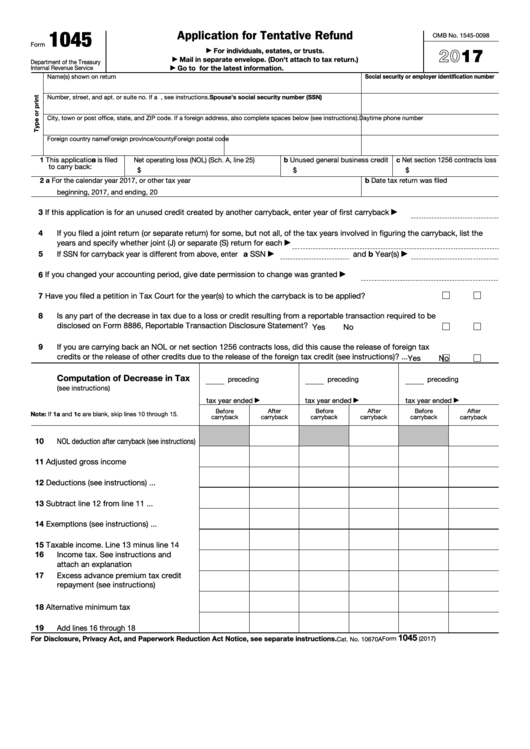 Form 1045 - Application For Tentative Refund - 2017