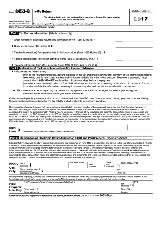Fillable Form 8453-B - U.s. Electing Large Partnership Declaration For An Irs E-File Return - 2017 Printable pdf