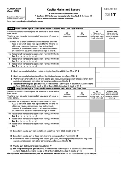Fillable Schedule D (Form 1065) - Capital Gains And Losses - 2017 Printable pdf