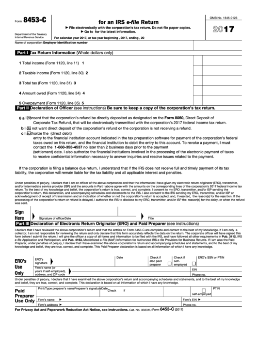 Fillable Form 8453-C - U.s. Corporation Income Tax Declaration For An Irs E-File Return - 2017 Printable pdf