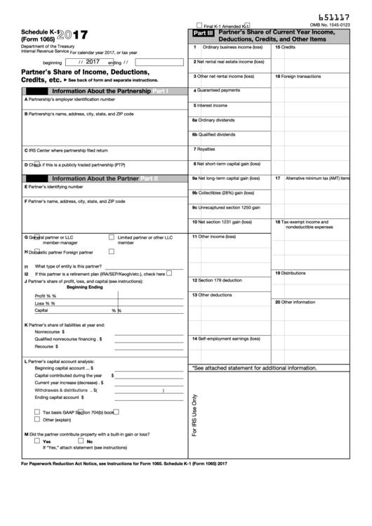 Fillable Schedule K 1 Form 1065 Partner S Share Of Income 