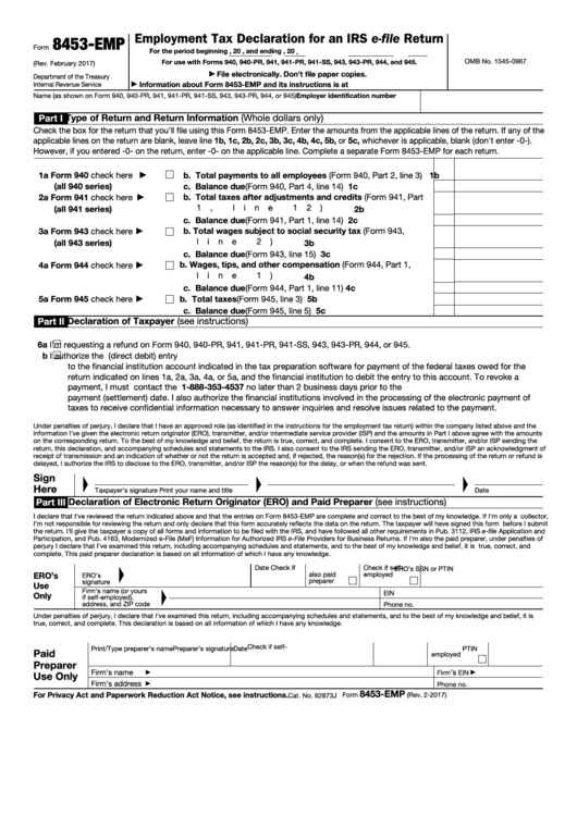 Fillable Form 8453 Emp Employment Tax Declaration For An Irs E File Return Printable Pdf Download 6662