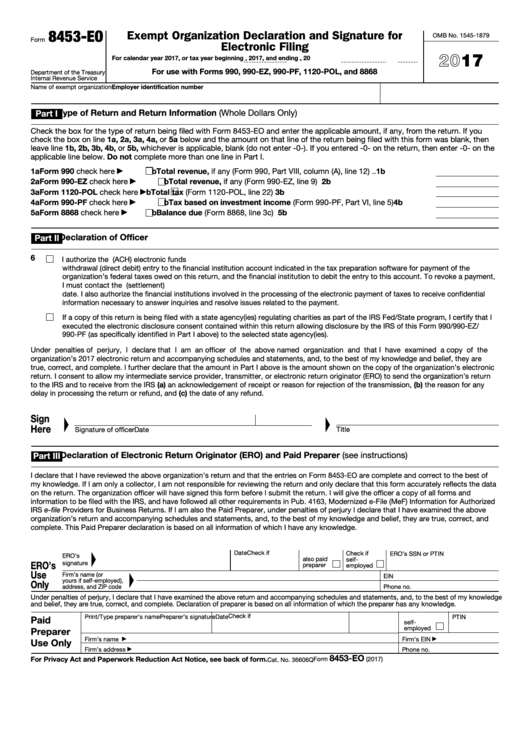 Fillable Form 8453-Eo - Exempt Organization Declaration And Signature For Electronic Filing - 2017 Printable pdf