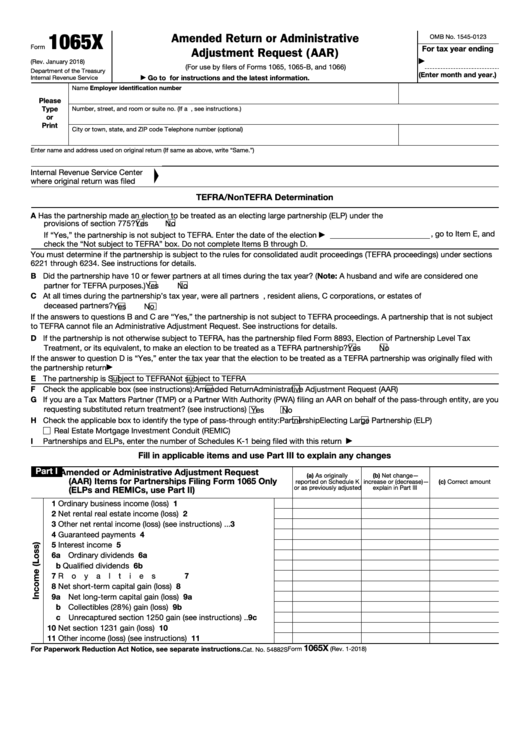 Fillable Form 1065x - Amended Return Or Administrative Adjustment Request (Aar) - 2018 Printable pdf