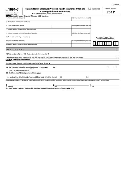 Fillable Form 1094-C - Transmittal Of Employer-Provided Health Insurance Offer And Coverage Information Returns - 2017 Printable pdf