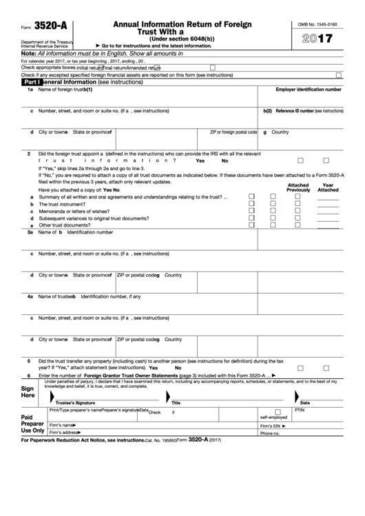 Form 3520-a - Annual Information Return Of Foreign Trust With A U.s. Owner - 2017