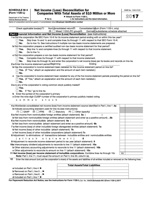 Fillable Schedule M-3 (Form 1120-L) - Net Income (Loss) Reconciliation For U.s. Life Insurance Companies With Total Assets Of 10 Million Dollars Or More - 2017 Printable pdf