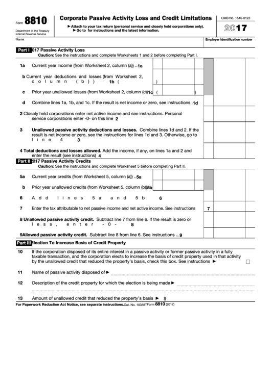 Fillable Form 8810 - Corporate Passive Activity Loss And Credit Limitations - 2017 Printable pdf