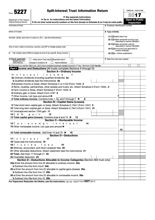 Fillable Form 5227 - Split-Interest Trust Information Return - 2017 Printable pdf