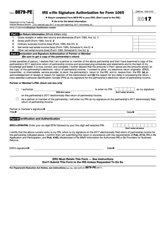 Fillable Form 8879-Pe- Irs E-File Signature Authorization For Form 1065 - 2017 Printable pdf