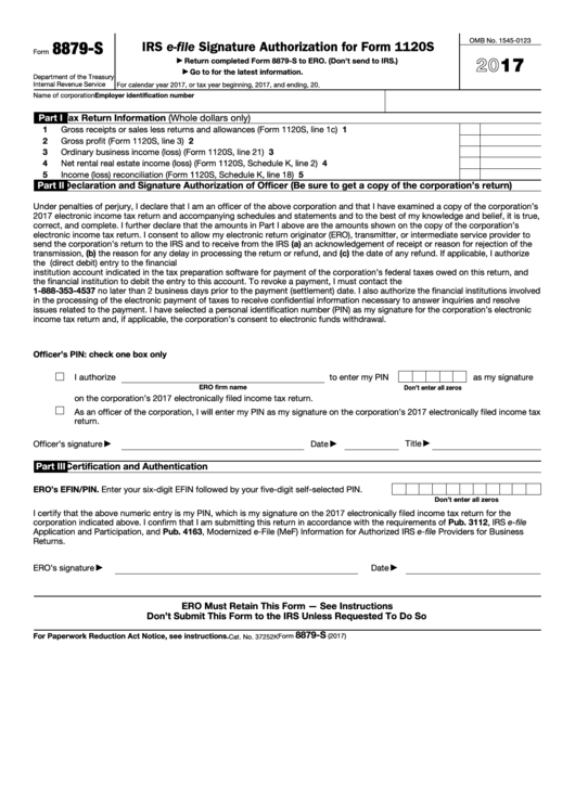 Fillable Form 8879-S - Irs E-File Signature Authorization For Form 1120s - 2017 Printable pdf
