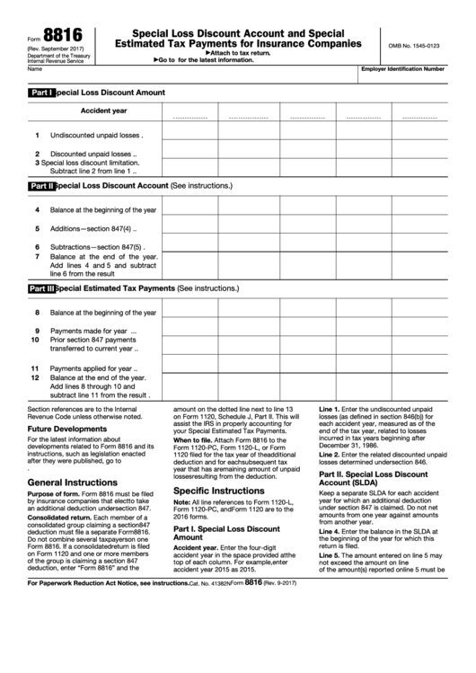 Fillable Form 8816 - Special Loss Discount Account And Special Estimated Tax Payments For Insurance Companies Printable pdf