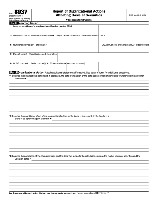 Fillable Form 8937 - Report Of Organizational Actions Affecting Basis Of Securities Printable pdf