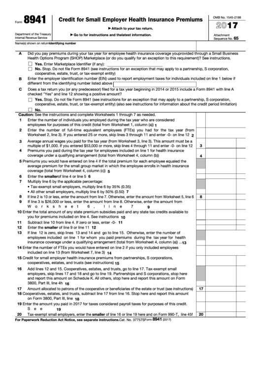 Fillable Form 8941 - Credit For Small Employer Health Insurance Premiums - 2017 Printable pdf