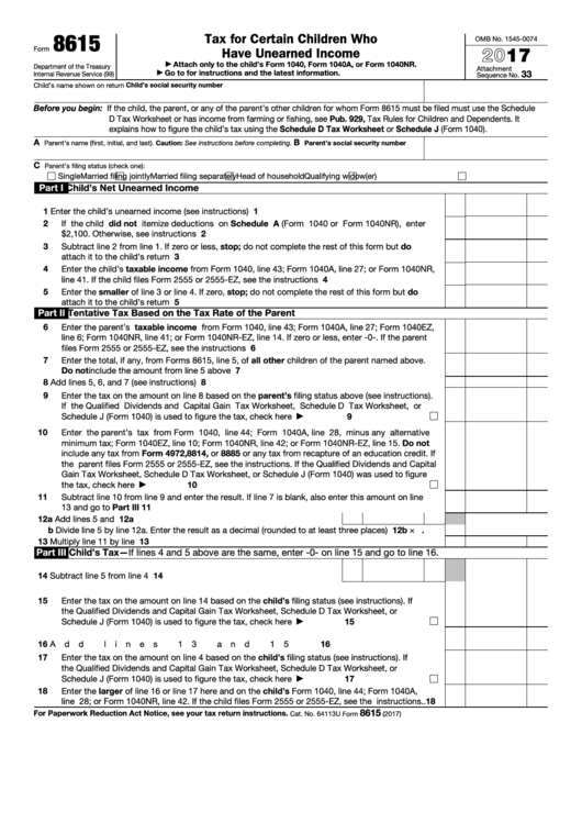 Fillable Form 8615 - Tax For Certain Children Who Have Unearned Income - 2017 Printable pdf
