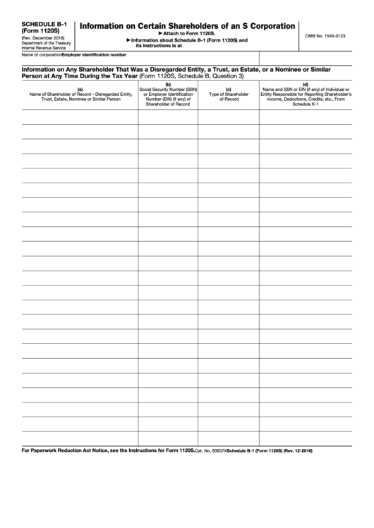 Fillable Schedule B-1 (Form 1120s) - Information On Certain Shareholders Of An S Corporation Printable pdf