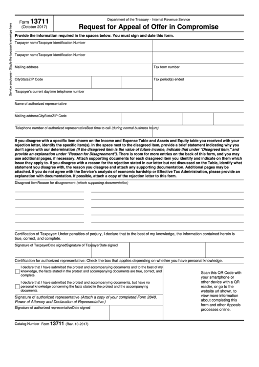 Fillable Form 13711 - Request For Appeal Of Offer In Compromise Printable pdf
