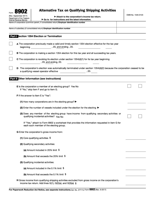 Fillable Form 8902 - Alternative Tax On Qualifying Shipping Activities Printable pdf