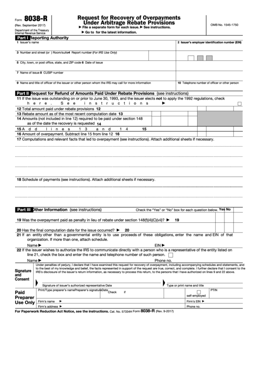 Fillable Form 8038-R - Request For Recovery Of Overpayments Under Arbitrage Rebate Provisions Printable pdf