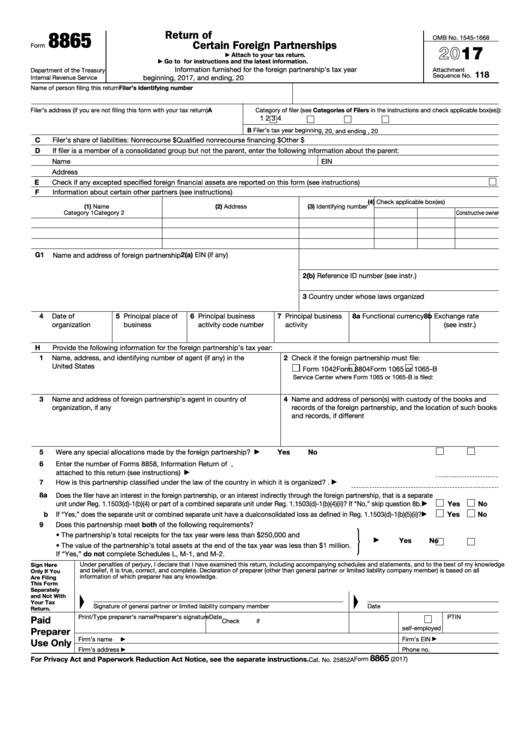 Fillable Form 8865 - Return Of U.s. Persons With Respect To Certain Foreign Partnerships - 2017 Printable pdf