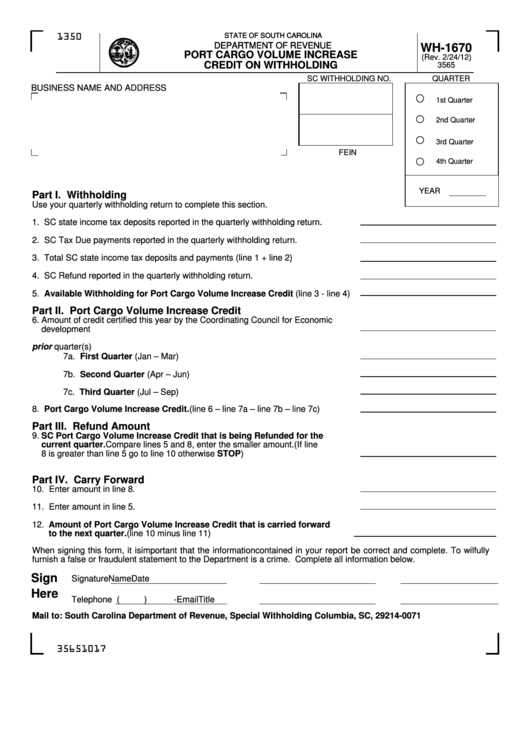 Form Wh-1670 - Port Cargo Volume Increase Credit On Withholding - South Carolina Department Of Revenue Printable pdf