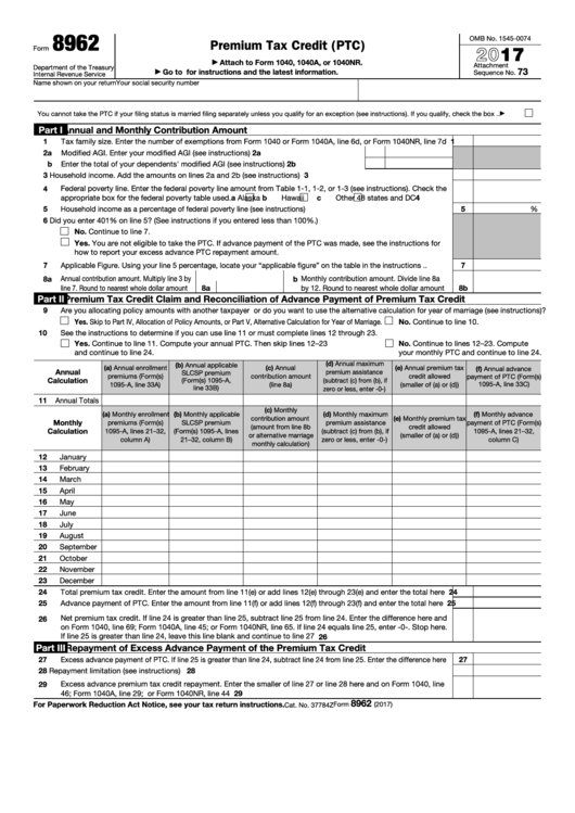 Fillable Form 8962 - Premium Tax Credit - 2017 Printable pdf