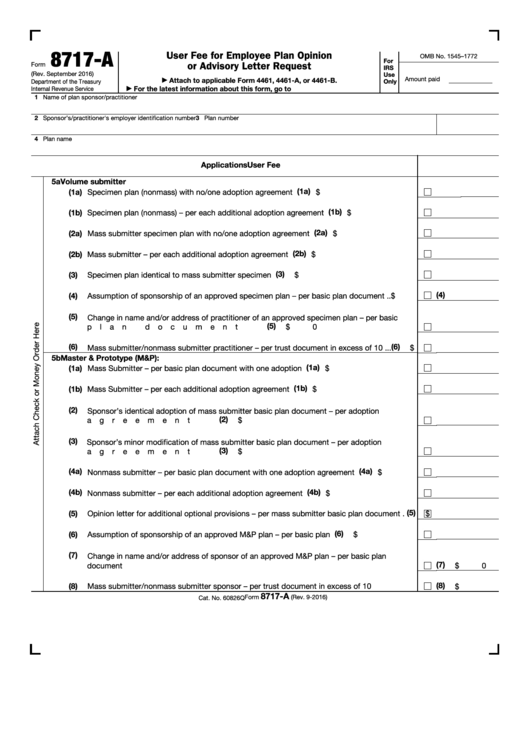 Fillable Form 8717-A - User Fee For Employee Plan Opinion Or Advisory Letter Request Printable pdf