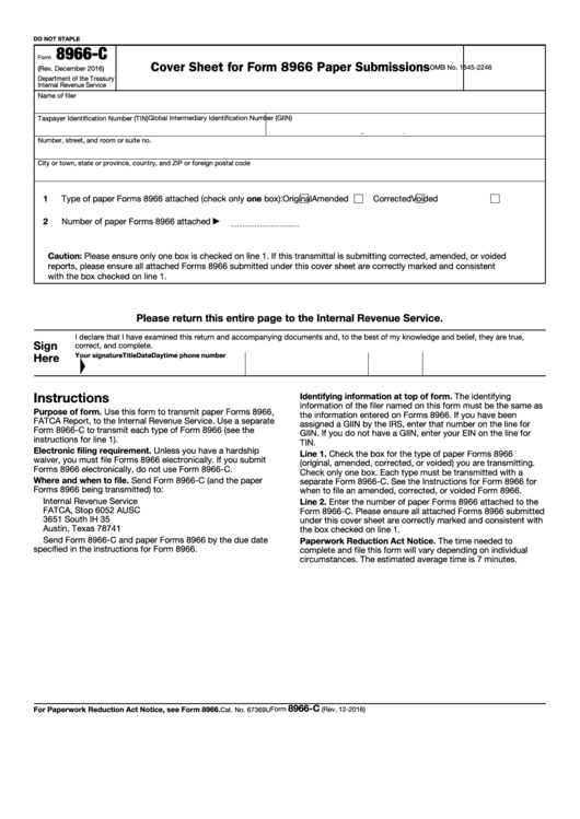 Fillable Form 8966-C - Cover Sheet For Form 8966 Paper Submissions Printable pdf