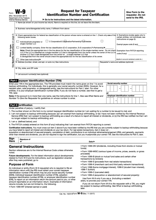 Form W-9 - Request For Taxpayer Identification Number And Certification - 2017