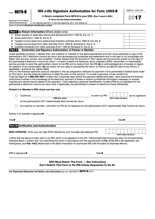 Fillable Form 8879-B - Irs E-File Signature Authorization For Form 1065-B - 2017 Printable pdf