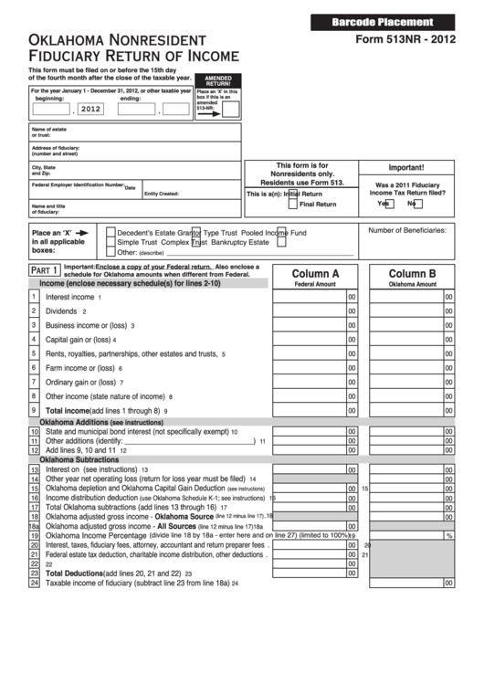 Fillable Form 513nr - Oklahoma Nonresident Fiduciary Return Of Income - 2012 Printable pdf