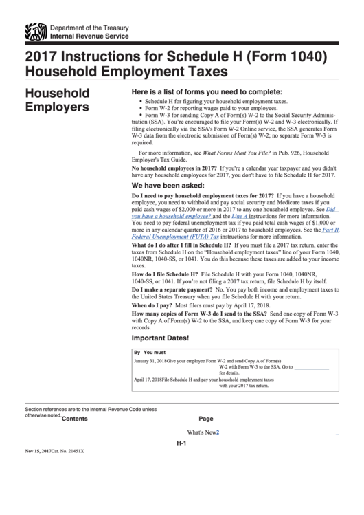 Instructions For Schedule H (Form 1040) - Household Employment Taxes - 2017 Printable pdf