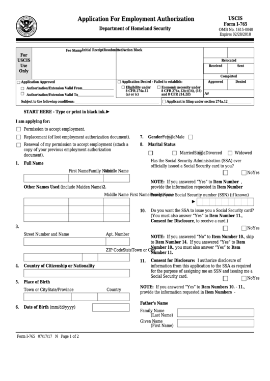 Uscis Form I-765 - Application For Employment Authorization