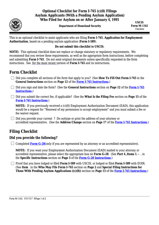 Fillable Form M-1162 - Optional Checklist For Form I-765 (C)(8) Fillings Asylum Applicants (With A Pending Asylum Application) Who Filed For Asylum On Or After January 4, 1995 Printable pdf