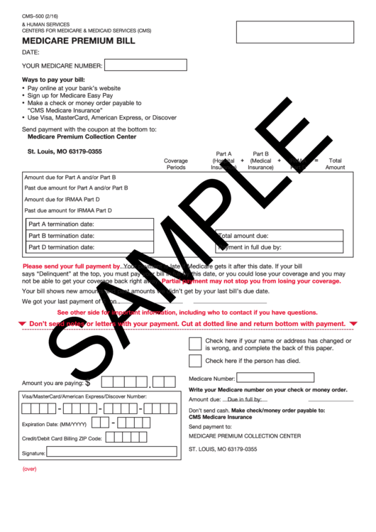 Form Cms-500 - Medicare Premium Bill - Sample Printable pdf