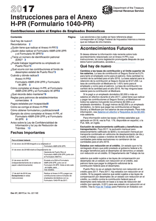Instrucciones Para El Anexo H-Pr (Formulario 1040-Pr) - Contribuciones Sobre El Empleo De Empleados Domesticos - 2017 Printable pdf
