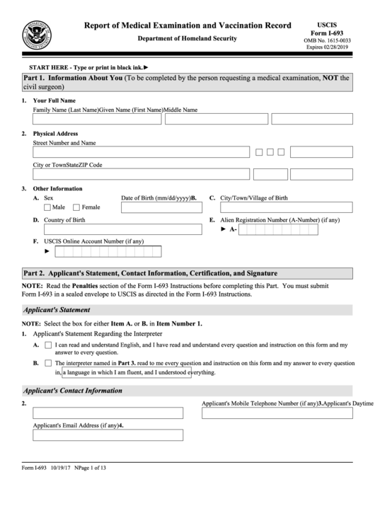 Fillable Form I-693 - Report Of Medical Examination And Vaccination Record Printable pdf
