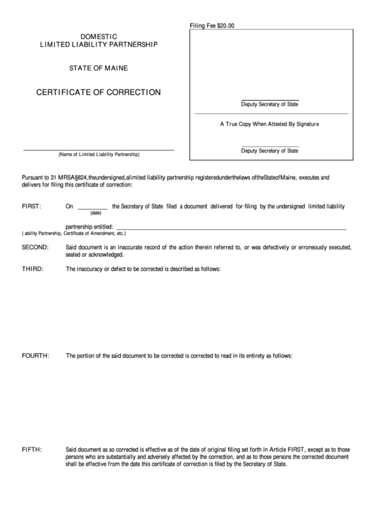 Fillable Form Mllp-17 - Certificate Of Correction - Domestic Limited Liability Partnership - State Of Maine Printable pdf