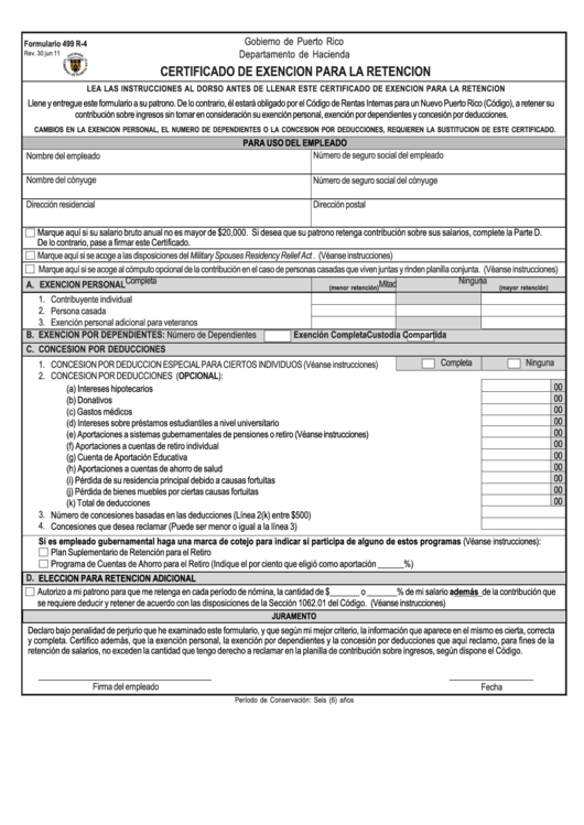Formulario 499 R-4 - Certificado De Exencion Para La Retencion - Puerto Rico Departamento De Hacienda Printable pdf