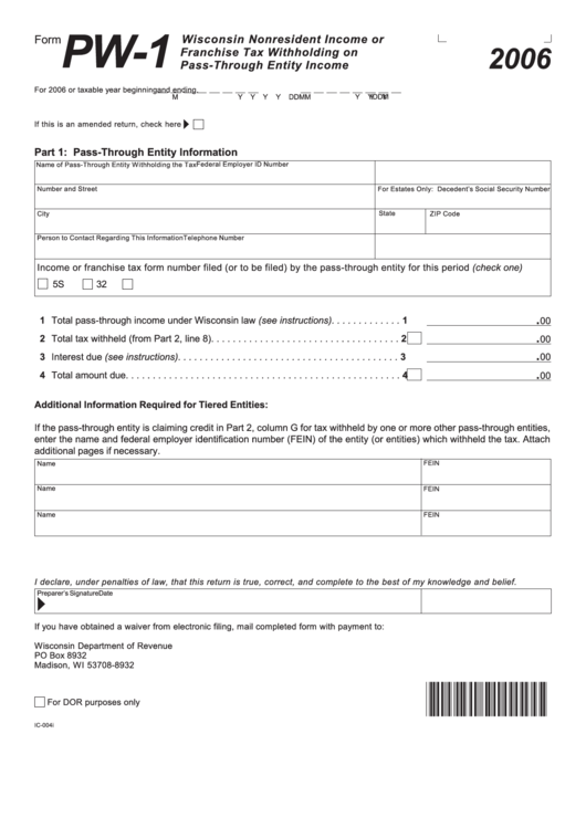 Form Pw-1 - Wisconsin Nonresident Income Or Franchise Tax Withholding On Pass-Through Entity Income - 2006 Printable pdf