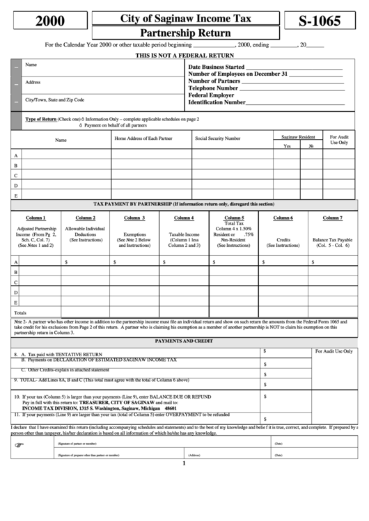 Form S-1065 - City Of Saginaw Income Tax Partnership Return - 2000 Printable pdf