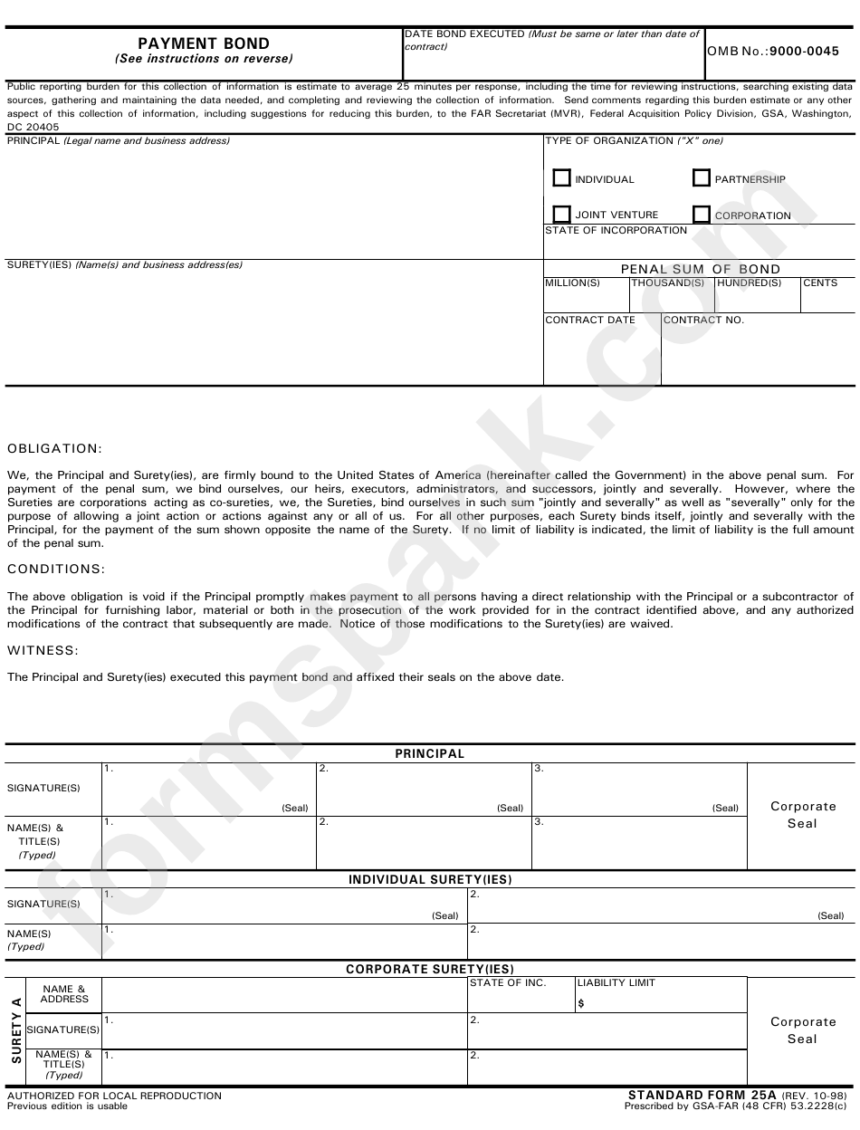 Fillable Standard Form 25a - Corporate Surety(Ies ...