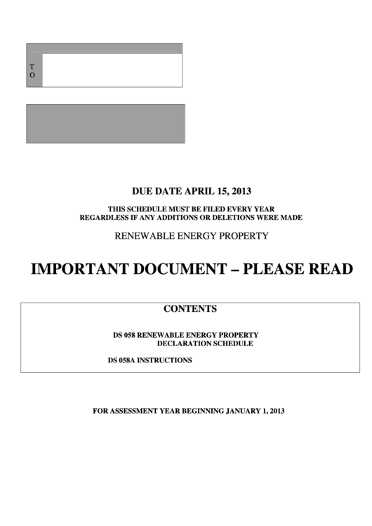 Fillable Form Ds 058a-08-13 - Renewable Energy Property Declaration Schedule - 2013 Printable pdf